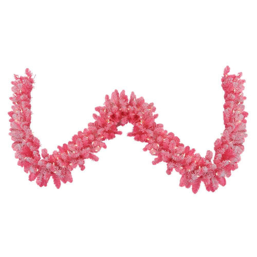 108 in. Pre-lit Flocked Pink Artificial Christmas Garland with Clear Lights