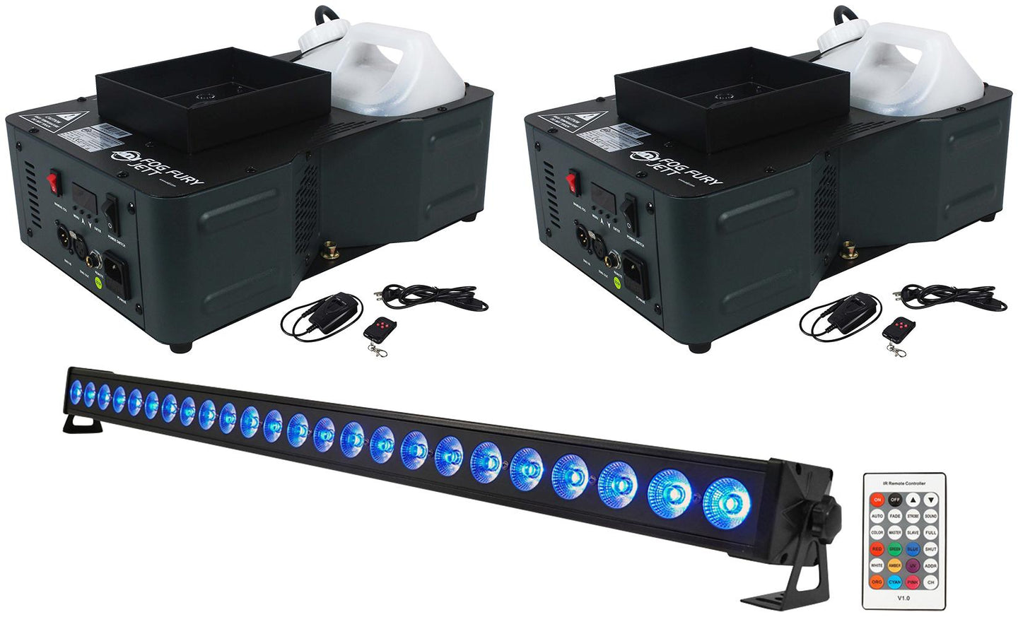 (2) American DJ Fog Fury Jett DMX Vertical Fog Machines+Rechargeable Light Bar