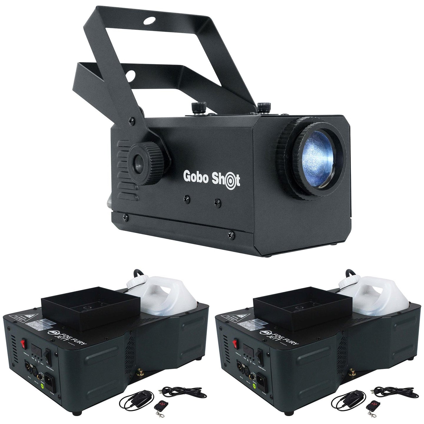 (2) American DJ Fog Fury Jett Vertical DMX Fog Machines+Remotes+Gobo Projector